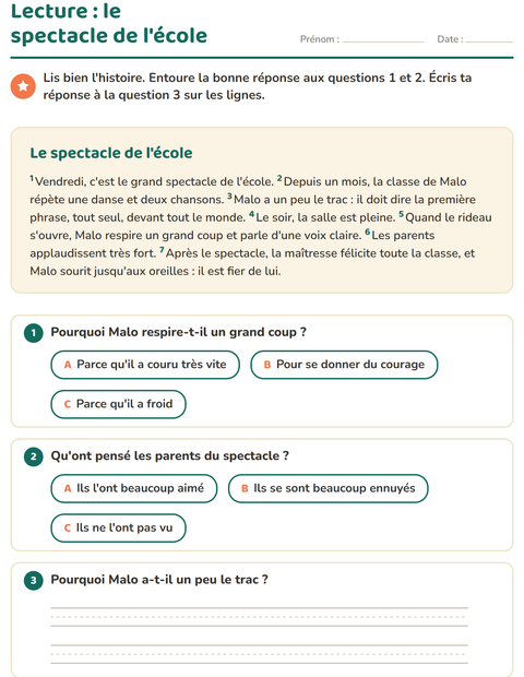 Aperçu de la fiche Lecture et compréhension pour CE1 (cours élémentaire 1)