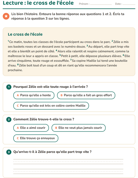 Aperçu de la fiche Lecture et compréhension pour CE1 (cours élémentaire 1)