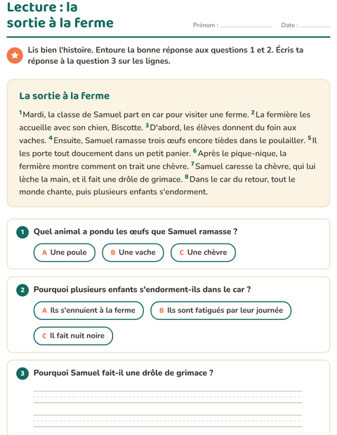 Aperçu de la fiche Lecture et compréhension pour CE1 (cours élémentaire 1)