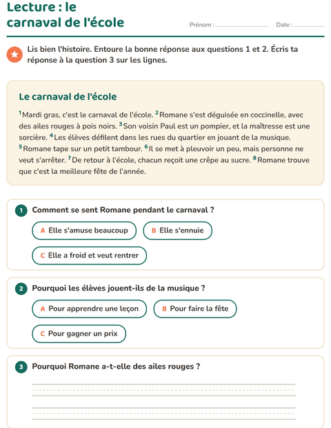 Aperçu de la fiche Lecture et compréhension pour CE1 (cours élémentaire 1)