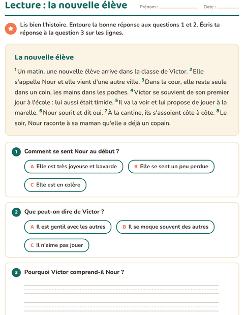 Aperçu de la fiche Lecture et compréhension pour CE1 (cours élémentaire 1)