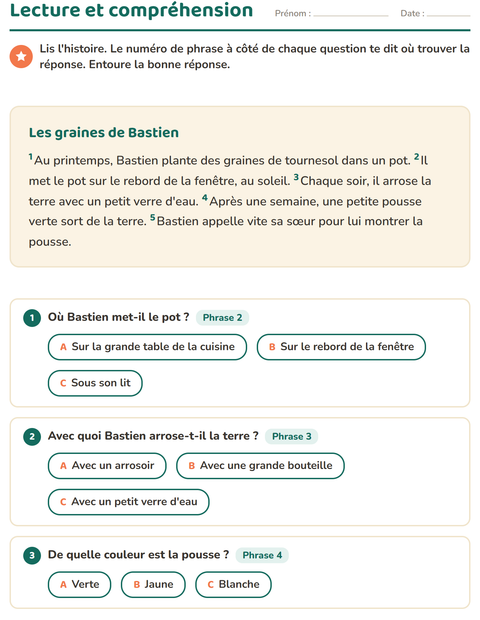 Aperçu de la fiche Lecture et compréhension pour CE1 (cours élémentaire 1)