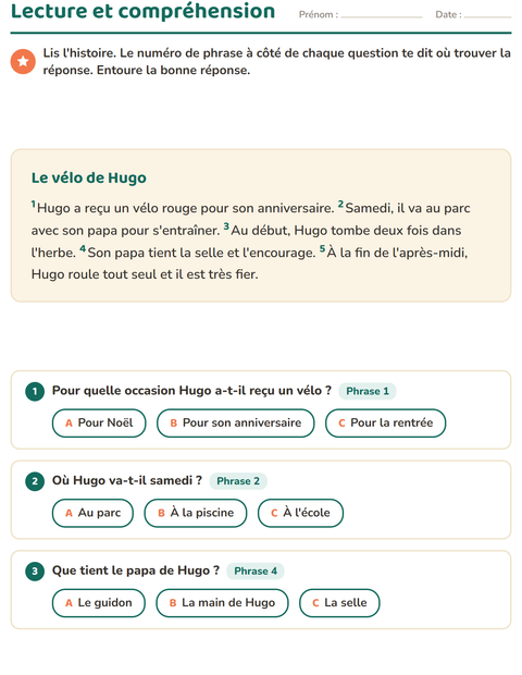 Aperçu de la fiche Lecture et compréhension pour CE1 (cours élémentaire 1)