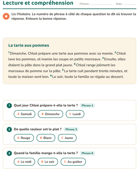 Aperçu de la fiche Lecture et compréhension pour CE1 (cours élémentaire 1)
