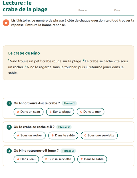 Aperçu de la fiche Lecture et compréhension pour CE1 (cours élémentaire 1)