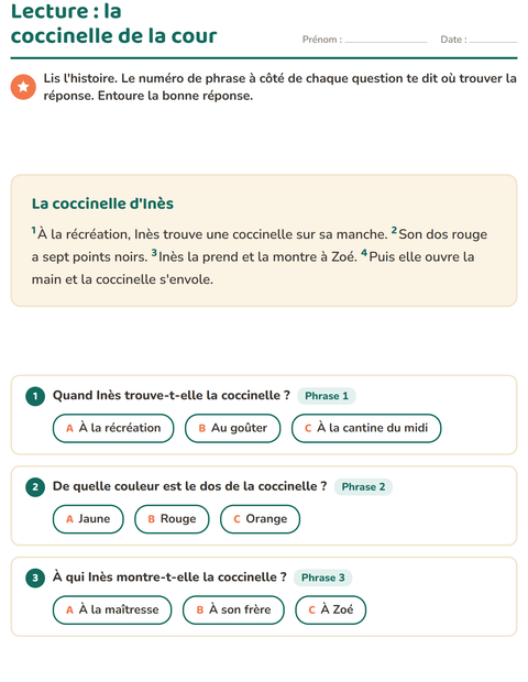Aperçu de la fiche Lecture et compréhension pour CE1 (cours élémentaire 1)