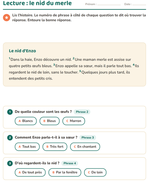 Aperçu de la fiche Lecture et compréhension pour CE1 (cours élémentaire 1)