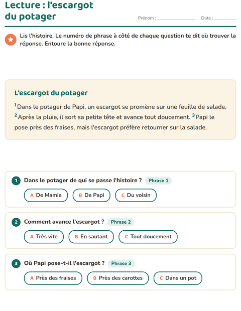 Aperçu de la fiche Lecture et compréhension pour CE1 (cours élémentaire 1)