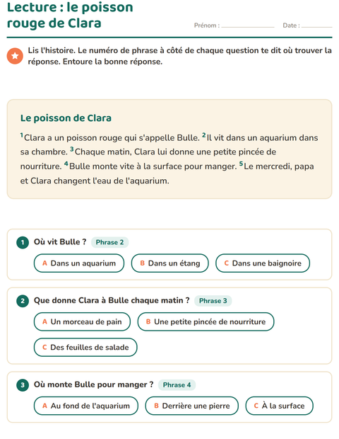 Aperçu de la fiche Lecture et compréhension pour CE1 (cours élémentaire 1)
