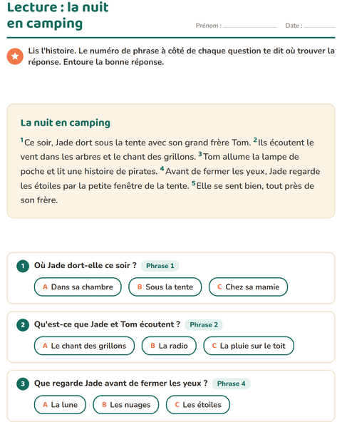 Aperçu de la fiche Lecture et compréhension pour CE1 (cours élémentaire 1)