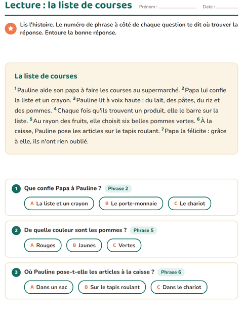 Aperçu de la fiche Lecture et compréhension pour CE1 (cours élémentaire 1)