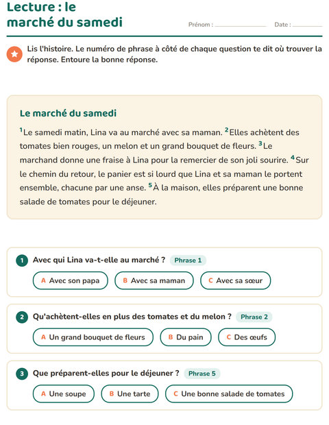 Aperçu de la fiche Lecture et compréhension pour CE1 (cours élémentaire 1)