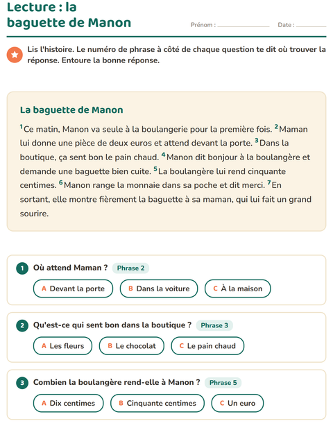 Aperçu de la fiche Lecture et compréhension pour CE1 (cours élémentaire 1)