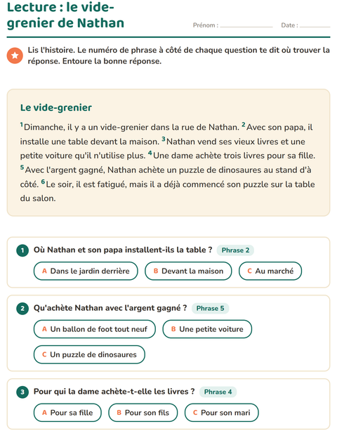 Aperçu de la fiche Lecture et compréhension pour CE1 (cours élémentaire 1)
