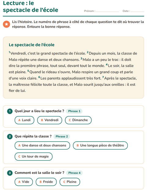 Aperçu de la fiche Lecture et compréhension pour CE1 (cours élémentaire 1)