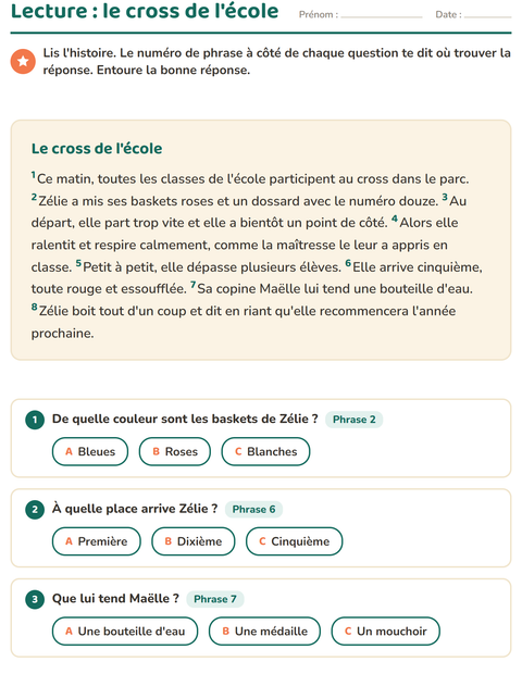 Aperçu de la fiche Lecture et compréhension pour CE1 (cours élémentaire 1)