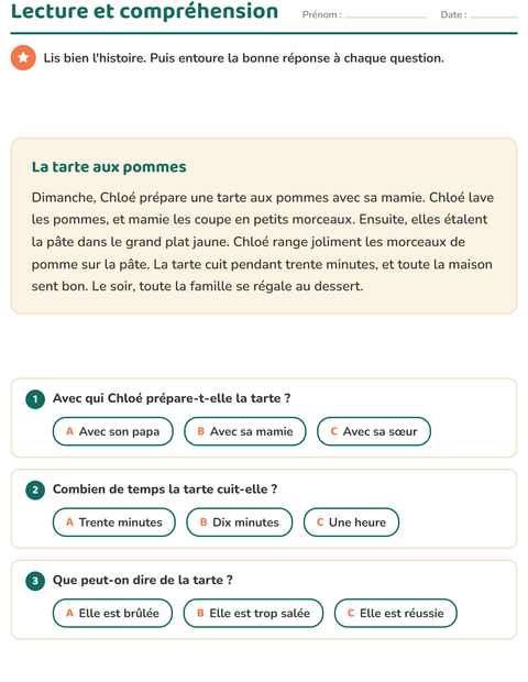 Aperçu de la fiche Lecture et compréhension pour CE1 (cours élémentaire 1)