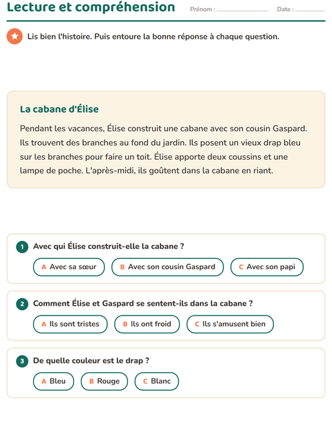 Aperçu de la fiche Lecture et compréhension pour CE1 (cours élémentaire 1)
