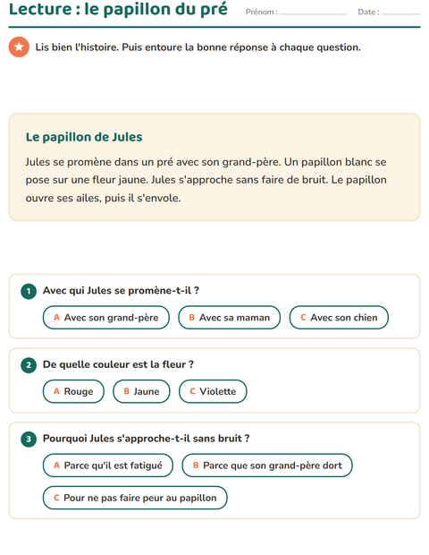 Aperçu de la fiche Lecture et compréhension pour CE1 (cours élémentaire 1)
