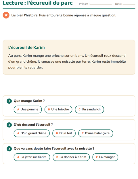 Aperçu de la fiche Lecture et compréhension pour CE1 (cours élémentaire 1)