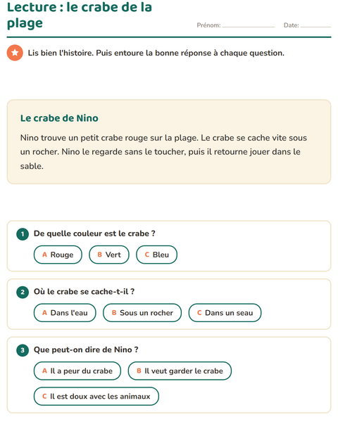 Lecture CE1 : le crabe de la plage
