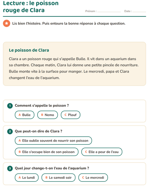 Aperçu de la fiche Lecture et compréhension pour CE1 (cours élémentaire 1)