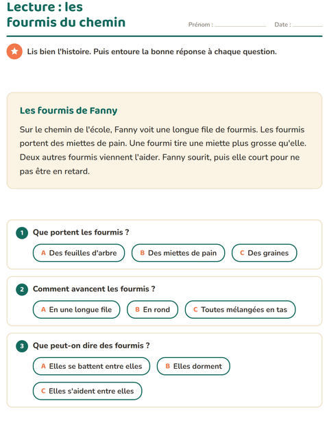 Aperçu de la fiche Lecture et compréhension pour CE1 (cours élémentaire 1)