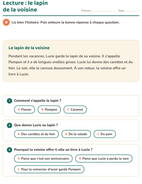 Aperçu de la fiche Lecture et compréhension pour CE1 (cours élémentaire 1)