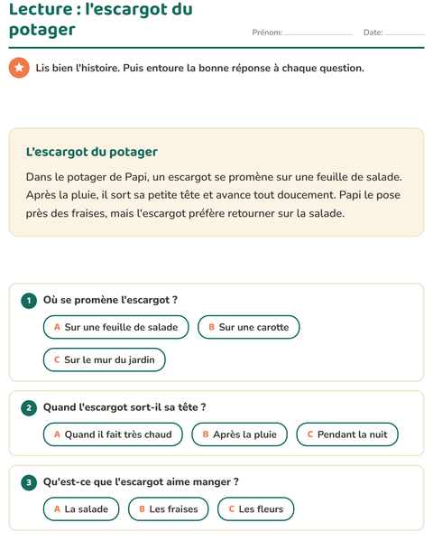 Lecture CE1 : l'escargot du potager
