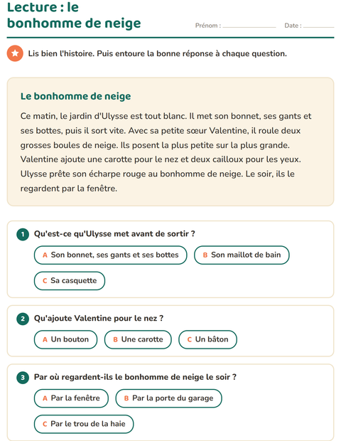Aperçu de la fiche Lecture et compréhension pour CE1 (cours élémentaire 1)