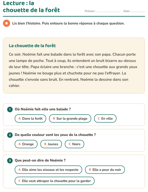 Aperçu de la fiche Lecture et compréhension pour CE1 (cours élémentaire 1)