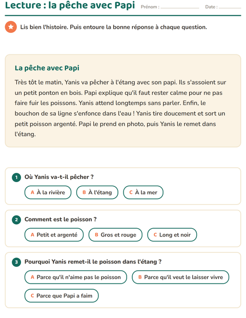 Aperçu de la fiche Lecture et compréhension pour CE1 (cours élémentaire 1)