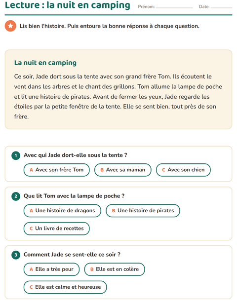 Lecture CE1 : la nuit en camping