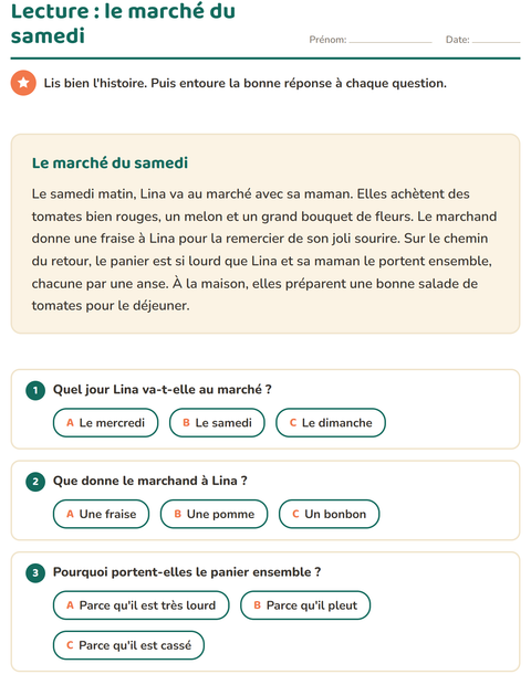 Aperçu : Lecture CE1 : le marché du samedi