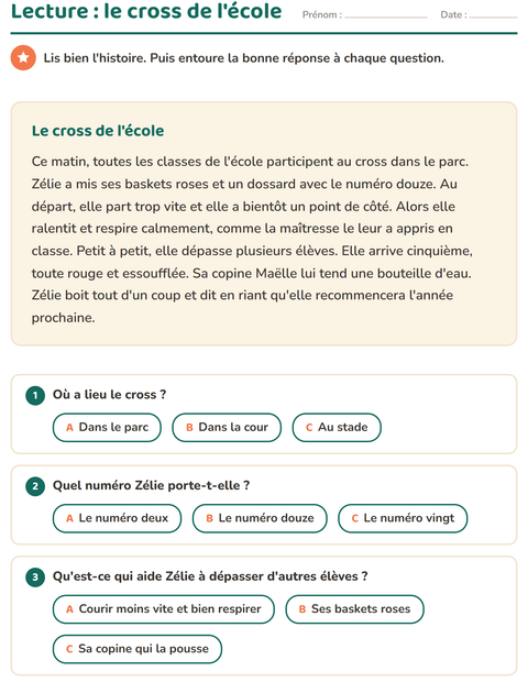 Aperçu de la fiche Lecture et compréhension pour CE1 (cours élémentaire 1)