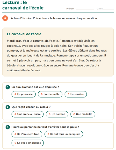 Aperçu de la fiche Lecture et compréhension pour CE1 (cours élémentaire 1)