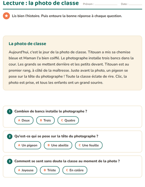 Aperçu de la fiche Lecture et compréhension pour CE1 (cours élémentaire 1)