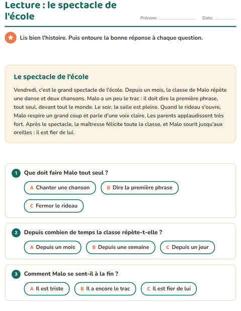 Lecture CE1 : le spectacle de l'école