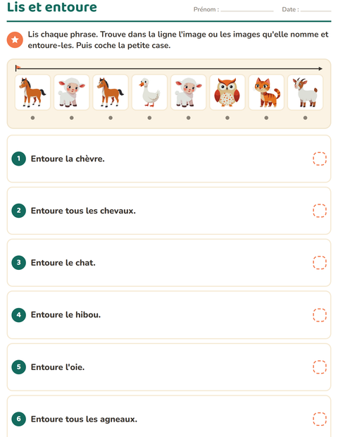 Aperçu de la fiche Lecture de consignes avec Animaux de la ferme pour CP (cours préparatoire)