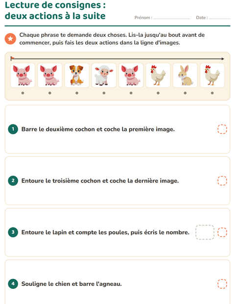 Lecture de consignes : deux actions à la suite dans une seule phrase