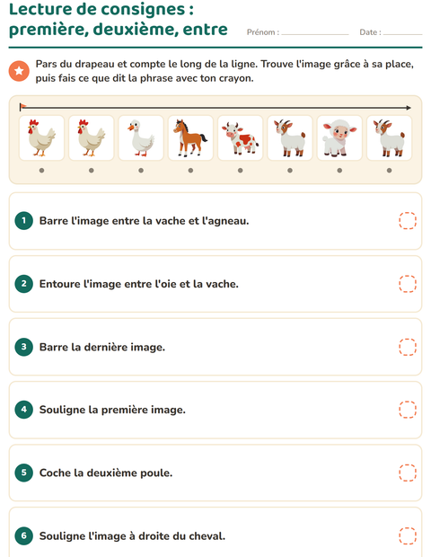 Aperçu de la fiche Lecture de consignes avec Animaux de la ferme pour CP (cours préparatoire)
