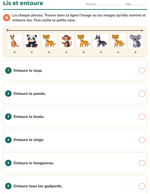 Lis et entoure : trouve l'animal du zoo que la phrase nomme