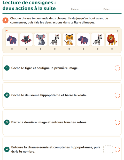 Aperçu de la fiche Lecture de consignes avec Animaux du zoo pour CP (cours préparatoire)