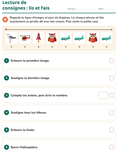 Aperçu de la fiche Lecture de consignes avec Choses qui volent pour CP (cours préparatoire)