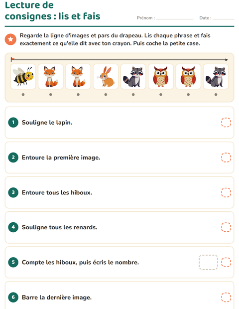 Aperçu de la fiche Lecture de consignes avec Créatures de la forêt pour CP (cours préparatoire)
