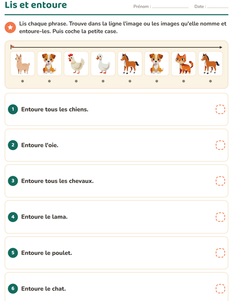 Aperçu de la fiche Lecture de consignes avec Animaux de la ferme pour CP (cours préparatoire)