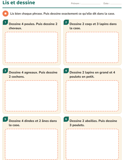 Aperçu de la fiche Lecture de consignes avec Animaux de la ferme pour CP (cours préparatoire)