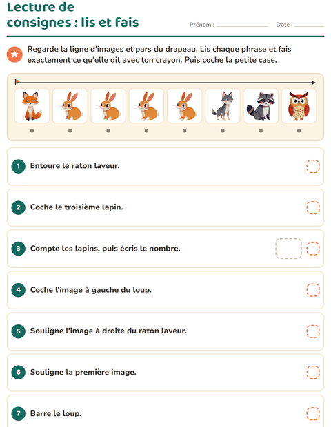 Aperçu de la fiche Lecture de consignes avec Créatures de la forêt pour CP (cours préparatoire)