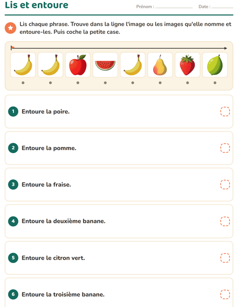 Aperçu de la fiche Lecture de consignes avec Fruits pour CP (cours préparatoire)