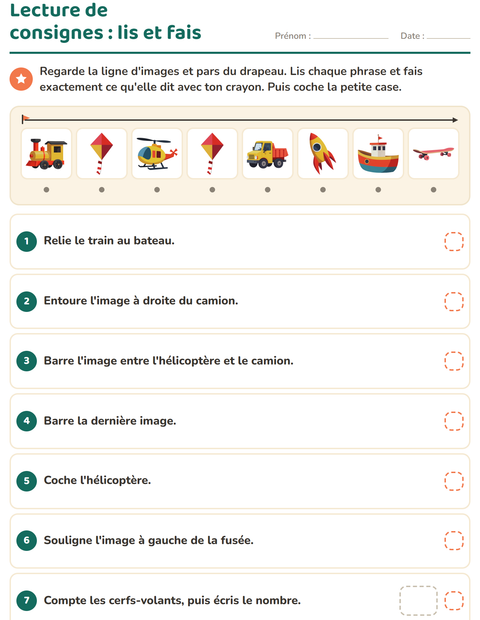 Aperçu de la fiche Lecture de consignes avec Jouets pour CP (cours préparatoire)